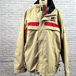 Marker | Men's Tan and Red Ski Jacket with Stand-up Collar and Durable Fabric L